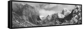 Mountains and Waterfall in Snow, Tunnel View, El Capitan, Half Dome, Bridal Veil-null-Framed Stretched Canvas