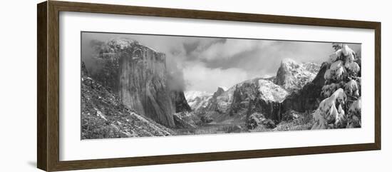 Mountains and Waterfall in Snow, Tunnel View, El Capitan, Half Dome, Bridal Veil-null-Framed Photographic Print