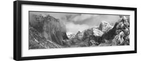 Mountains and Waterfall in Snow, Tunnel View, El Capitan, Half Dome, Bridal Veil-null-Framed Photographic Print