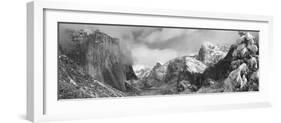 Mountains and Waterfall in Snow, Tunnel View, El Capitan, Half Dome, Bridal Veil-null-Framed Photographic Print