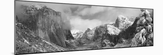 Mountains and Waterfall in Snow, Tunnel View, El Capitan, Half Dome, Bridal Veil-null-Mounted Photographic Print