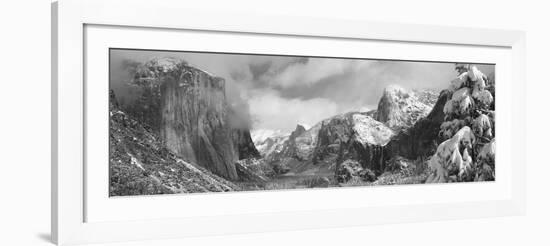 Mountains and Waterfall in Snow, Tunnel View, El Capitan, Half Dome, Bridal Veil-null-Framed Photographic Print