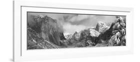 Mountains and Waterfall in Snow, Tunnel View, El Capitan, Half Dome, Bridal Veil-null-Framed Photographic Print