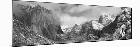 Mountains and Waterfall in Snow, Tunnel View, El Capitan, Half Dome, Bridal Veil-null-Mounted Photographic Print