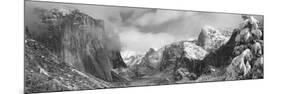 Mountains and Waterfall in Snow, Tunnel View, El Capitan, Half Dome, Bridal Veil-null-Mounted Photographic Print