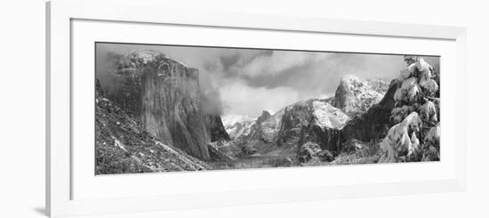 Mountains and Waterfall in Snow, Tunnel View, El Capitan, Half Dome, Bridal Veil-null-Framed Photographic Print