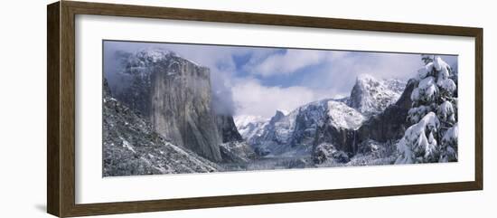 Mountains and Waterfall in Snow, Tunnel View, Half Dome, Yosemite National Park, California-null-Framed Photographic Print