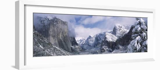 Mountains and Waterfall in Snow, Tunnel View, Half Dome, Yosemite National Park, California-null-Framed Photographic Print