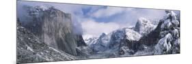 Mountains and Waterfall in Snow, Tunnel View, Half Dome, Yosemite National Park, California-null-Mounted Photographic Print