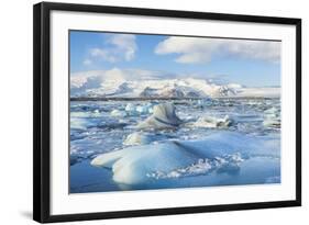 Mountains Behind the Icebergs Locked in the Frozen Water of Jokulsarlon Iceberg Lagoon-Neale Clark-Framed Photographic Print