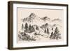 Mountains Landscape and a Sheepfold / Farm Sketch-Danussa-Framed Art Print