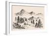 Mountains Landscape and a Sheepfold / Farm Sketch-Danussa-Framed Art Print