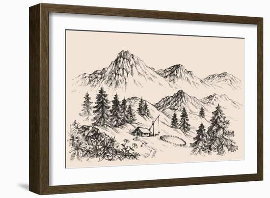 Mountains Landscape and a Sheepfold / Farm Sketch-Danussa-Framed Premium Giclee Print