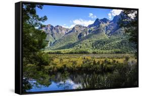 Mountains Reflecting in the Mirror Lakes, Eglinton Valley, South Island, New Zealand, Pacific-Michael-Framed Stretched Canvas