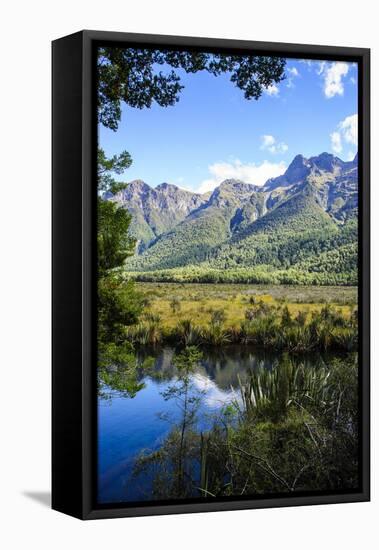 Mountains Reflecting in the Mirror Lakes, Eglinton Valley, South Island, New Zealand, Pacific-Michael-Framed Stretched Canvas