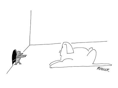 Mouse, wrapped like an Egyptian mummy, advances from mouse hole, toward Sp… - New Yorker Cartoon' Premium Giclee Print - Peter Mueller Mouse, wrapped like an Egyptian mummy, advances from mouse hole, toward Sp… - New Yorker Cartoon' Premium Giclee Print - Peter Mueller