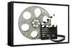 Movie Clapper Board With Film Reel On White Background-Steve Collender-Framed Stretched Canvas