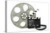 Movie Clapper Board With Film Reel On White Background-Steve Collender-Stretched Canvas