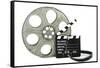 Movie Clapper Board With Film Reel On White Background-Steve Collender-Framed Stretched Canvas