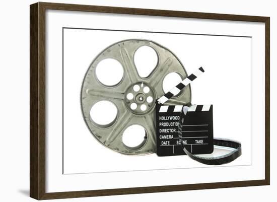 Movie Clapper Board With Film Reel On White Background-Steve Collender-Framed Art Print