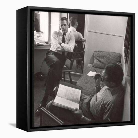 Movie Director Vince Sherman with Actor Paul Newman Reviewing Script of "The Young Philadelphians"-Leonard Mccombe-Framed Stretched Canvas