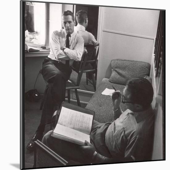 Movie Director Vince Sherman with Actor Paul Newman Reviewing Script of "The Young Philadelphians"-Leonard Mccombe-Mounted Premium Photographic Print