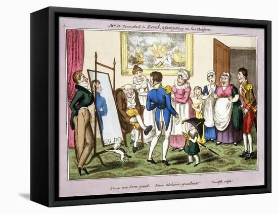 Mr B. Promoted to Lieut. and First Putting on His Uniform, 1835 (Hand-Coloured Aquatint)-George Cruikshank-Framed Stretched Canvas