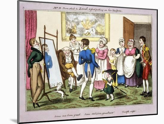 Mr B. Promoted to Lieut. and First Putting on His Uniform, 1835 (Hand-Coloured Aquatint)-George Cruikshank-Mounted Giclee Print