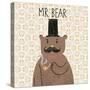 Mr Bear. Cute Cartoon Bear in Classical Style with Top Hat, Smoking Pipe, Bow-Tie and Nice Mustache-smilewithjul-Stretched Canvas