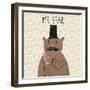 Mr Bear. Cute Cartoon Bear in Classical Style with Top Hat, Smoking Pipe, Bow-Tie and Nice Mustache-smilewithjul-Framed Art Print