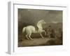 Mr. Johnstone King's Grey Shooting Pony Waiting with a Groom on a Scottish Moor, 1835-Thomas Woodward-Framed Giclee Print