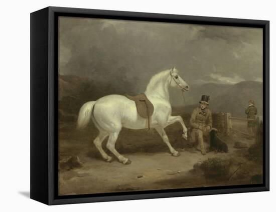 Mr. Johnstone King's Grey Shooting Pony Waiting with a Groom on a Scottish Moor, 1835-Thomas Woodward-Framed Stretched Canvas