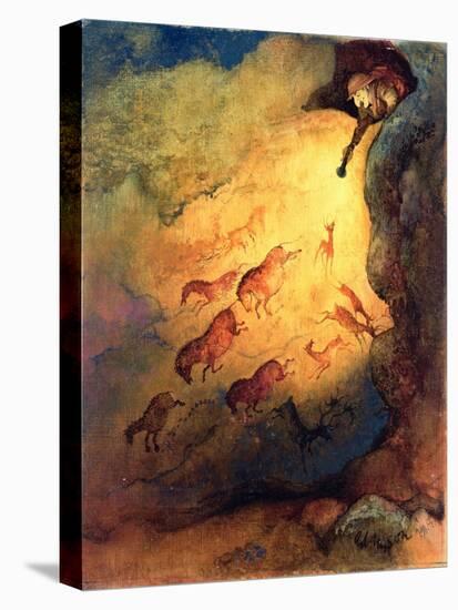 Mr Punch, Cave Explorer Giving Animals in Lascaux a Fright, Unpublished Commission by 'Punch', 1968-George Adamson-Stretched Canvas