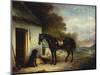 Mr Stuart's Favourite Hunter, Vagabond and His Flatcoated Retriever, Nell by a Cottage Door-John Ferneley, Sr-Mounted Giclee Print