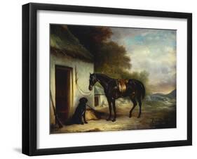 Mr Stuart's Favourite Hunter, Vagabond and His Flatcoated Retriever, Nell by a Cottage Door-John Ferneley, Sr-Framed Giclee Print