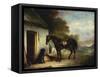 Mr Stuart's Favourite Hunter, Vagabond and His Flatcoated Retriever, Nell by a Cottage Door-John Ferneley, Sr-Framed Stretched Canvas