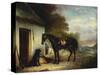 Mr Stuart's Favourite Hunter, Vagabond and His Flatcoated Retriever, Nell by a Cottage Door-John Ferneley, Sr-Stretched Canvas