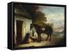 Mr Stuart's Favourite Hunter, Vagabond and His Flatcoated Retriever, Nell by a Cottage Door-John Ferneley, Sr-Framed Stretched Canvas