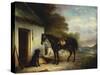 Mr Stuart's Favourite Hunter, Vagabond and His Flatcoated Retriever, Nell by a Cottage Door-John Ferneley, Sr-Stretched Canvas