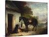 Mr Stuart's Favourite Hunter, Vagabond and His Flatcoated Retriever, Nell by a Cottage Door-John Ferneley, Sr-Stretched Canvas