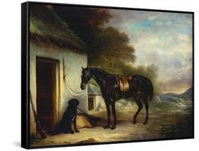 Mr Stuart's Favourite Hunter, Vagabond and His Flatcoated Retriever, Nell by a Cottage Door-John Ferneley, Sr-Framed Stretched Canvas