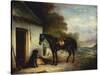 Mr Stuart's Favourite Hunter, Vagabond and His Flatcoated Retriever, Nell by a Cottage Door-John Ferneley, Sr-Stretched Canvas