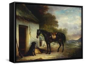 Mr Stuart's Favourite Hunter, Vagabond and His Flatcoated Retriever, Nell by a Cottage Door-John Ferneley, Sr-Framed Stretched Canvas