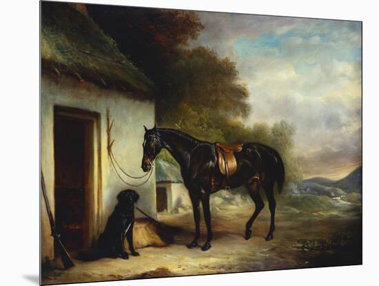 Mr Stuart's Favourite Hunter, Vagabond and His Flatcoated Retriever, Nell by a Cottage Door-John Ferneley, Sr-Mounted Giclee Print