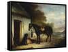 Mr Stuart's Favourite Hunter, Vagabond and His Flatcoated Retriever, Nell by a Cottage Door-John Ferneley, Sr-Framed Stretched Canvas