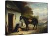 Mr Stuart's Favourite Hunter, Vagabond and His Flatcoated Retriever, Nell by a Cottage Door-John Ferneley, Sr-Stretched Canvas