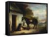 Mr. Stuart's Favourite Hunter, Vagabond' and His Flatcoated Retriever, Nell, by a Cottage Door-John E. Ferneley-Framed Stretched Canvas