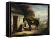 Mr. Stuart's Favourite Hunter, Vagabond' and His Flatcoated Retriever, Nell, by a Cottage Door-John E. Ferneley-Framed Stretched Canvas