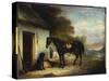 Mr. Stuart's Favourite Hunter, Vagabond' and His Flatcoated Retriever, Nell, by a Cottage Door-John E. Ferneley-Stretched Canvas