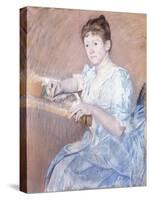 Mrs. Alexander J. Cassat in a Blue Evening Gown Seated at a Tapestry Frame-Mary Cassatt-Stretched Canvas